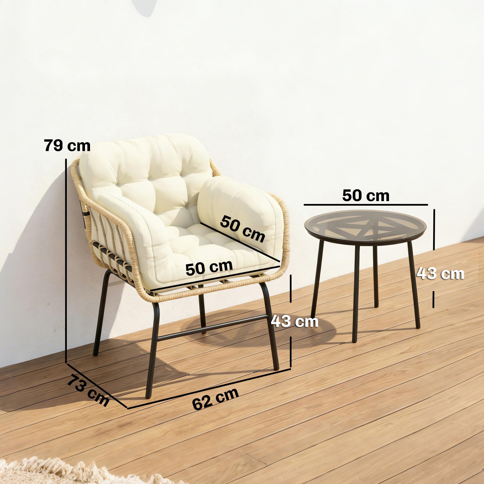 Outsunny Salon de Jardin Extérieur 3 Pièces en Résine Tressée avec 2 Fauteuils et 2 Coussins, Table Basse en Verre Trempé, Mobilier de Jardin pour Terrasse Balcon Patio, Kaki