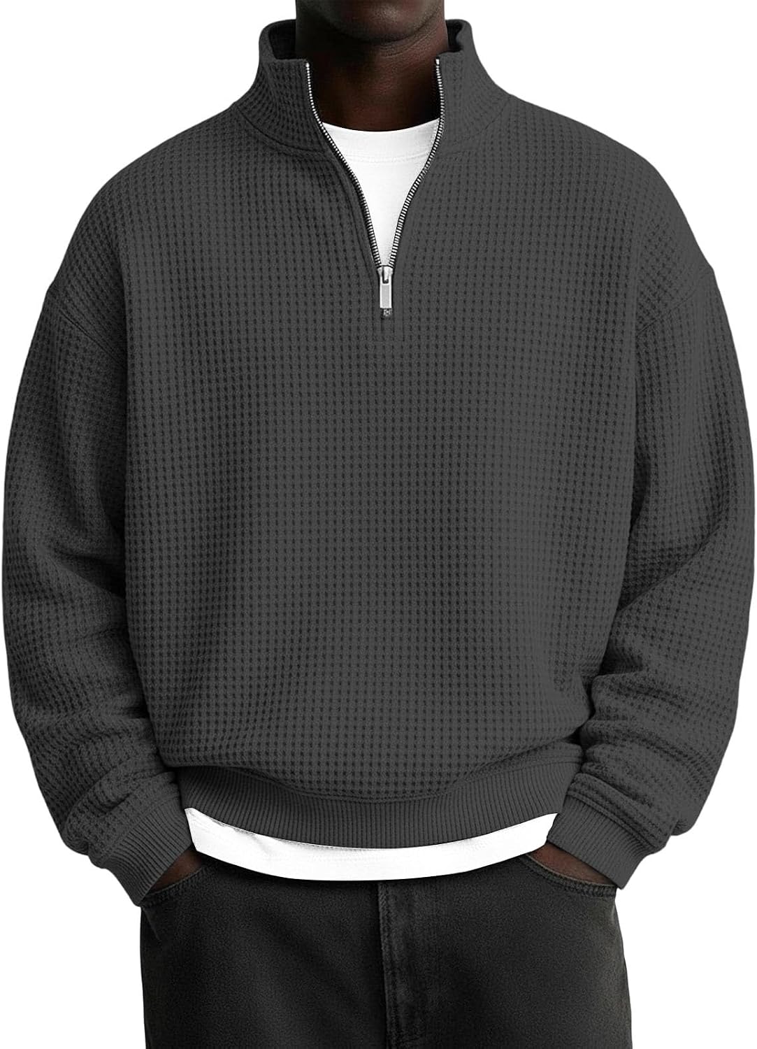 Lmdudan Mens Waffle Sweatshirt Casual Stand Collar Quarter Zip Pullover 2026 Spring Summer Ribbed Long Sleeve Sweatshirts