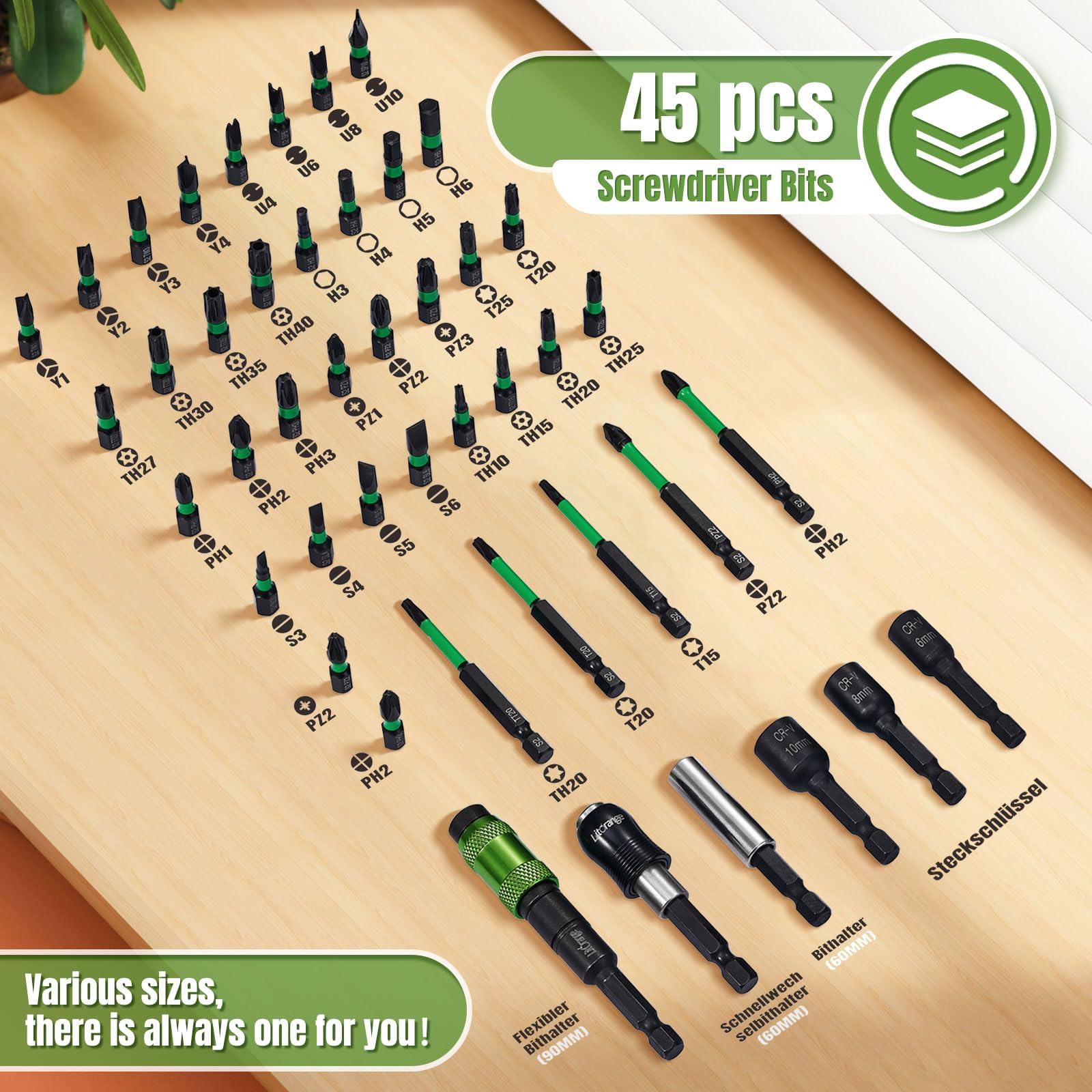 Litorange 45 Pcs Screwdriver Bit Set (PH-, PZ-, S-, H-, T-, TH-, TW-, U-Bit, Socket and Magnetic Pivoting Bit Holder) - Image 2