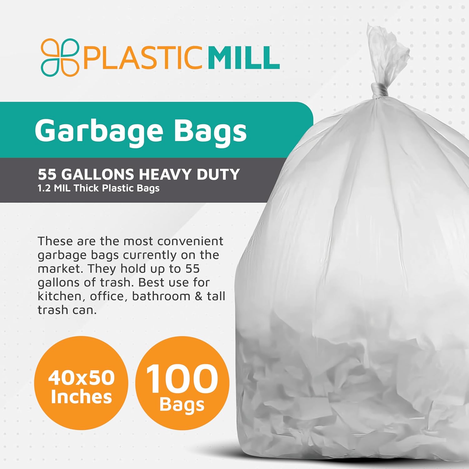 PlasticMill Heavy Duty Trash Bags - Clear Garbage Bags - Plastic Trash Bags - Tall Trash Bags, Trash Can Liners - 55-Gallon Large Kitchen Trash Bag, 1.2 Mil, 40"x50" (100-Count)