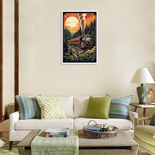 Miniatura 5 de Pósteres vintage de tren de vapor de tren en el bosque al atardecer, arte de pared retro nostálgico de los años 90, pintura para sala de estar,