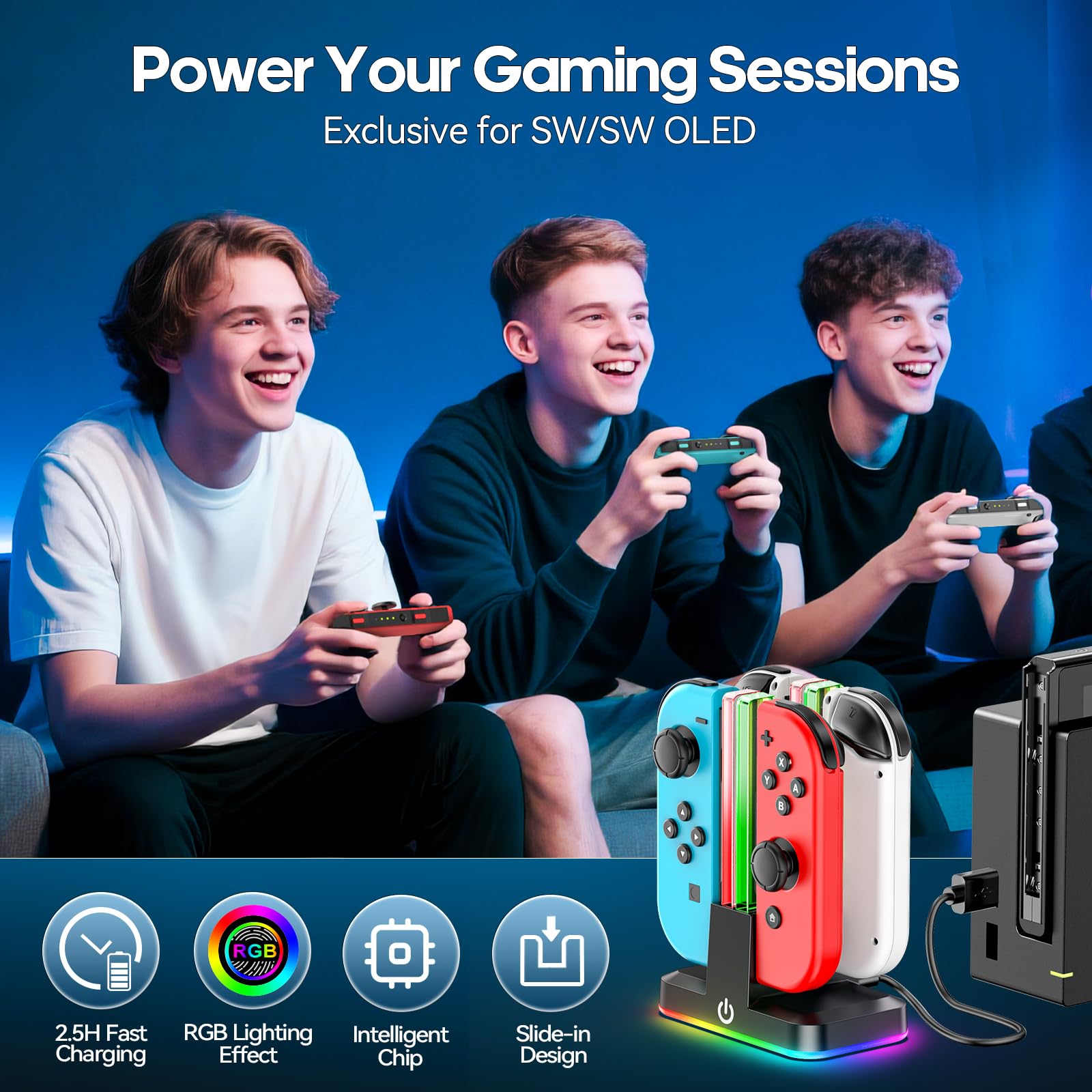 Cargador para Joycon Switch/OLED, 2,5H de Base Carga Mando para Nintendo Switch con Luz RGB y Control Inteligente de Carga, Estacion de Carga joycon para Nintendo Switch Accesorios