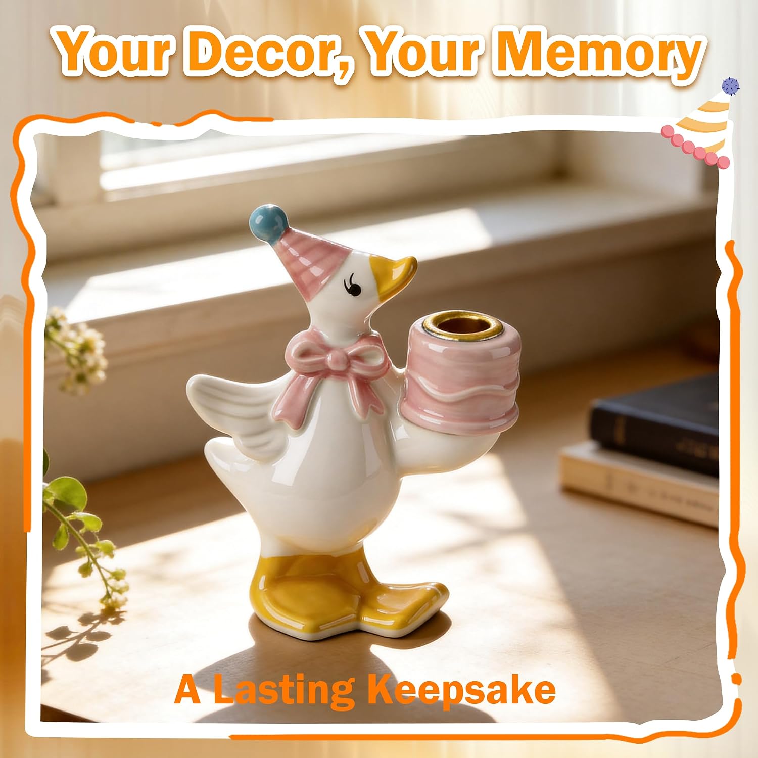 Ceramic Silly Goose Cake Candle Holder, Hand Painted (Pink)