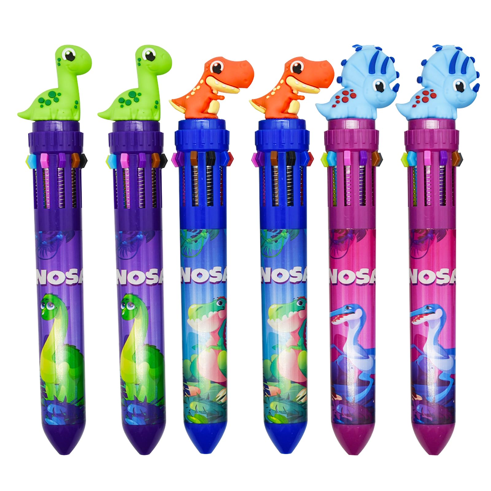 Maydahui 6 Pcs 10-in-1 Multicolor Dinosaur Pens 10 Colors Shuttle Retractable Ballpoint Pens Dino Print Pens for Office Supplies Home Decoration