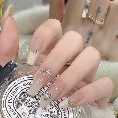 Miniatura 8 de 24 uñas francesas adhesivas medianas a presión, uñas postizas con diamantes de imitación, uñas acrílicas blancas nude, uñas postizas brillantes y