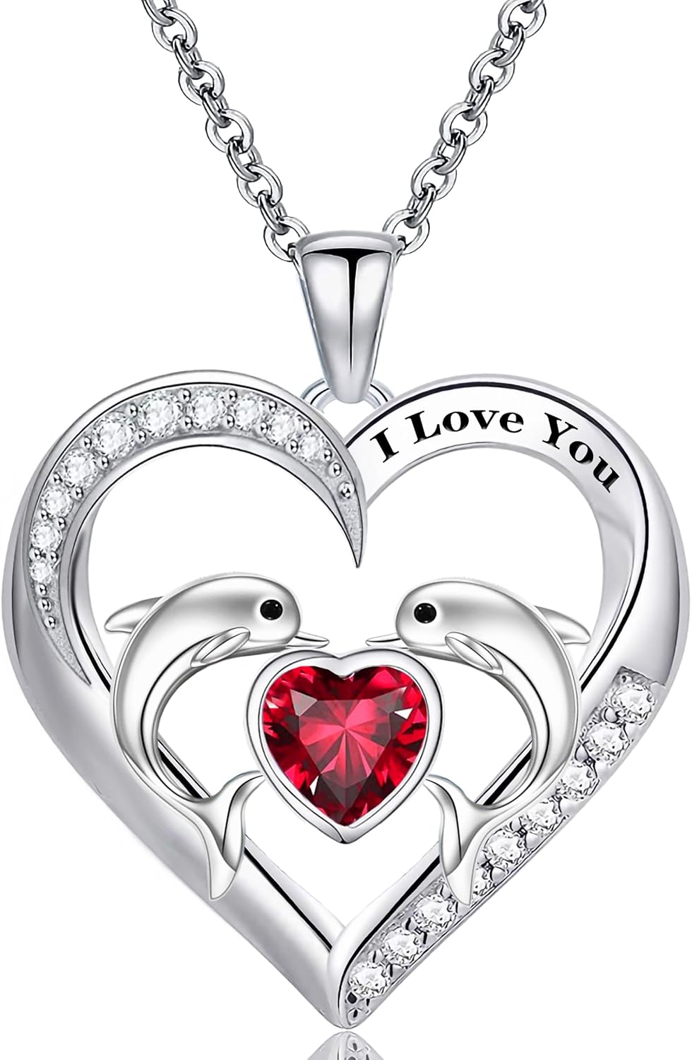 14k White Gold Plated 5A Heart Cubic Zirconia I Love You Dolphin Heart Pendant Necklace for Women,19nich Cable Chain Romantic Jewelry for Her