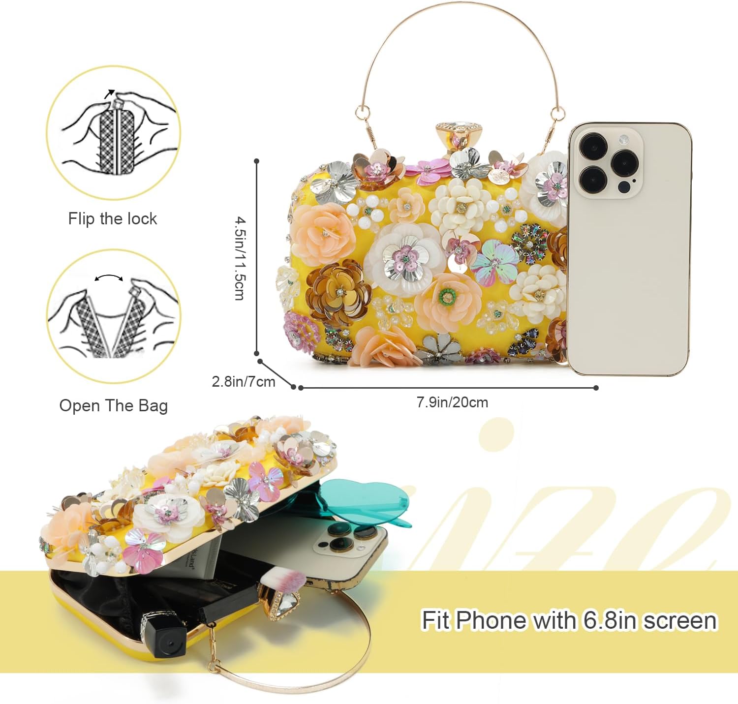 Oweisong 3D Flower Clutch Purses for Women Gold Formal Wedding Party Evening Bags Chain Floral Shoulder bag