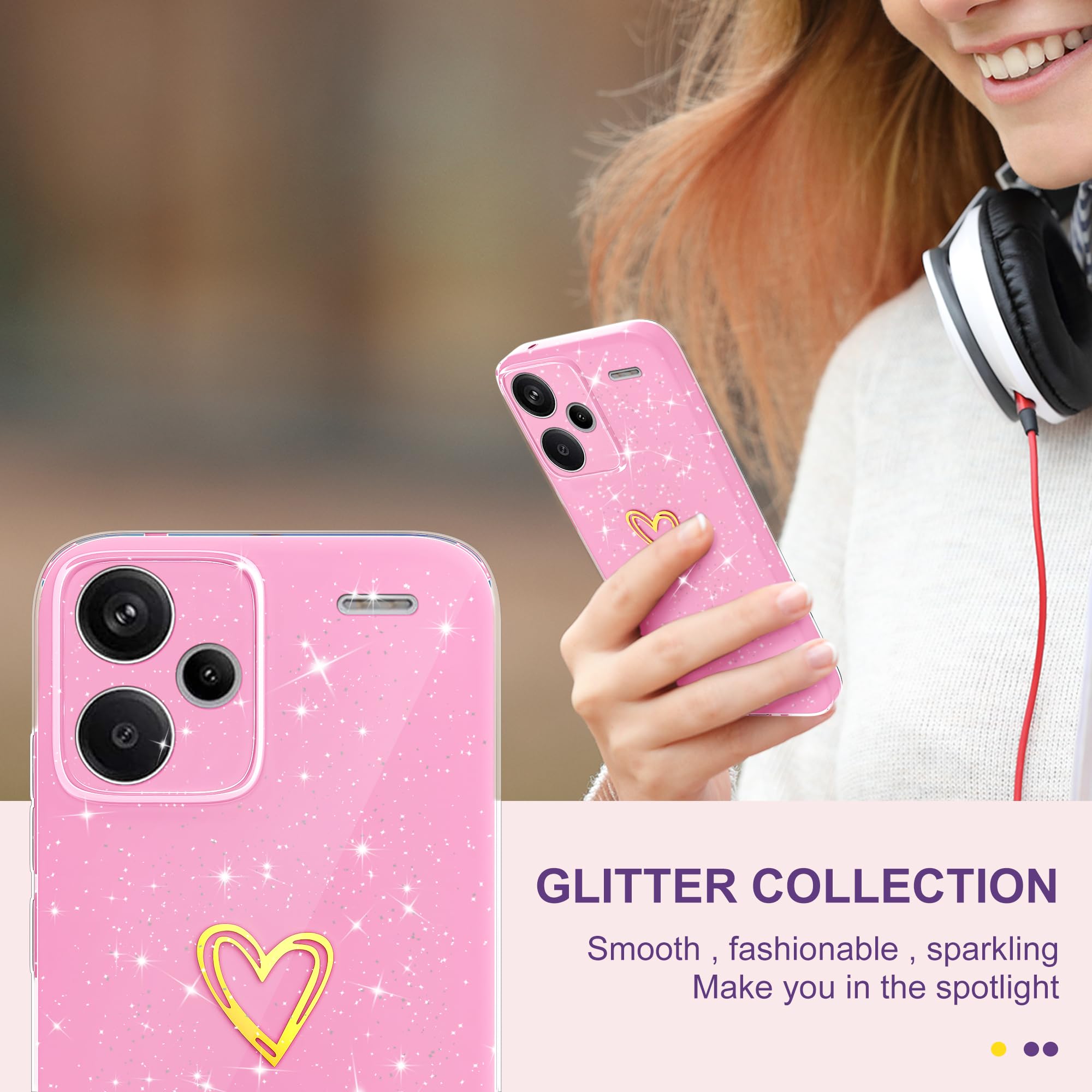 Custodia Glitter Per Xiaomi Redmi Note 13 Pro+ 5G – Morbida TPU Con Motivo Cuore – Protezione Antiurto – Rosa