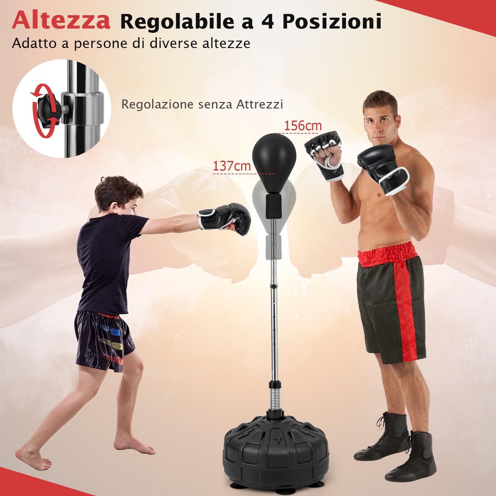 COSTWAY Punching Ball da Terra per Bambini e Adulti, Pungiball Veloce con Guantoni, Asta Flessibile, Base Riempibile e Regolabile in Altezza 137-156 cm, Sacco da Boxe per Casa e Palestra, Nero