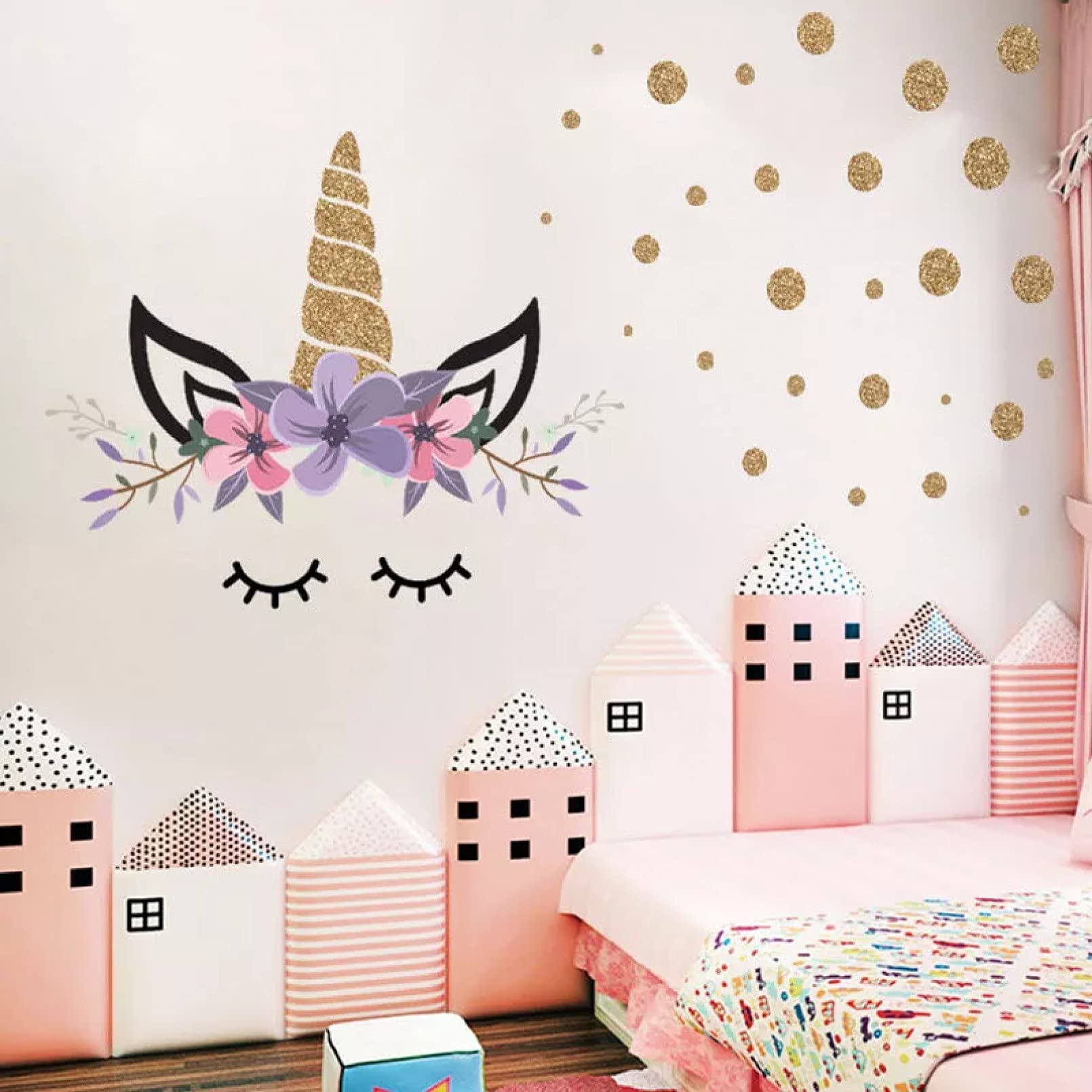 Autocollant mural 3D pour chambre d'enfant ou chambre de bébé Motif cercles dorés et licorne