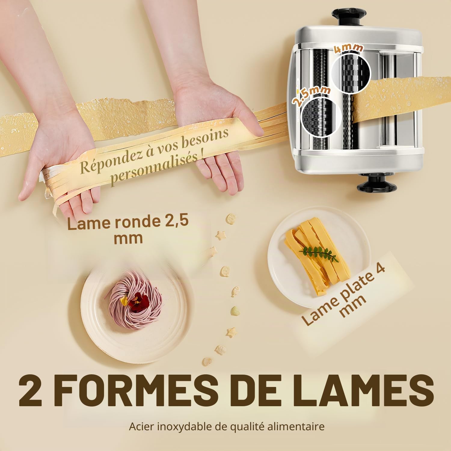 CGOLDENWALL Machine à Pâtes Électrique, Moteur 135W avec 2 Lames (2,5 mm/4 mm) et 9 Épaisseurs Réglables de 0,5-5 mm, Protection en ABS, Acier Inoxydable pour des Nouilles Fraîches Maison