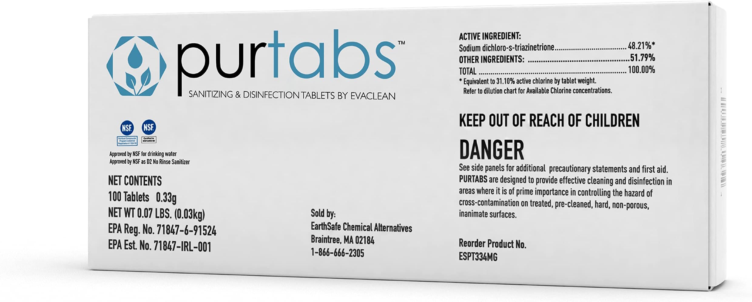 334mg Sanitizer Tablets, NSF D2 Certified, Food Safe, 99.9% Virus & Bacteria Kill, Hypochlorous Acid (HOCl), Cleans, Deodorizes & Disinfects