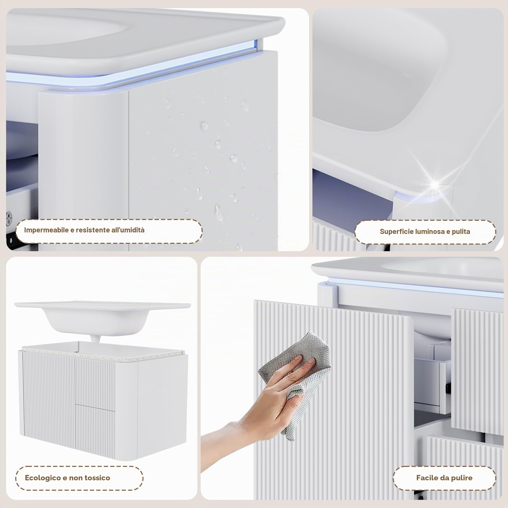 80,5 × 47,5 × 51 cm, mobiletto da bagno a parete sospeso, completamente laccato, struttura verticale, lampada LED con sensore di movimento radar, cassetti silenziosi, lavabo in un unico pezzo