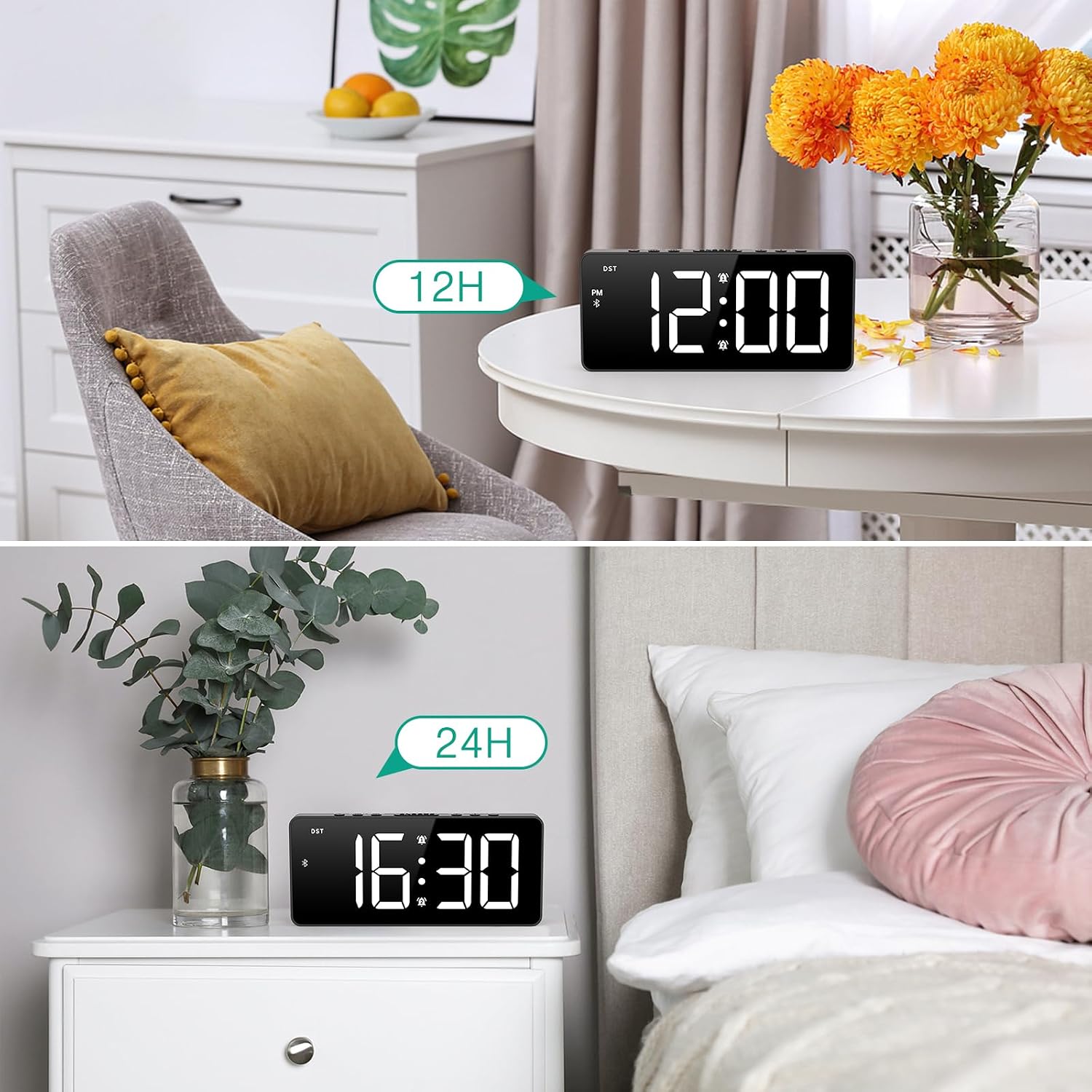 ORIA Digital Alarm Clock with Bluetooth Auto Sync, Large Display LED Clock with Adjustable Brightness & Volume, Snooze, 12/24H Mode, Bedside Clock for Heavy Sleepers Bedroom Home Office