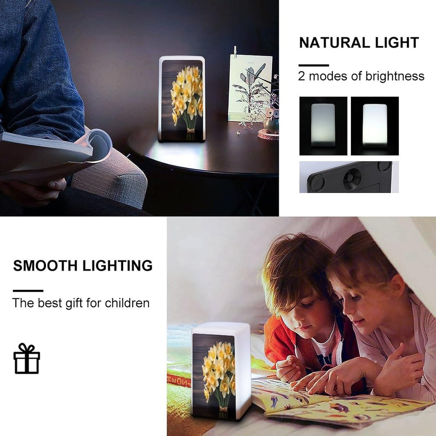 Cordless Night Light Battery Powered Dimmable Lamp for Reading Bouquet of Daffodils Small Desk Lamp for Bedroom Living Room Office