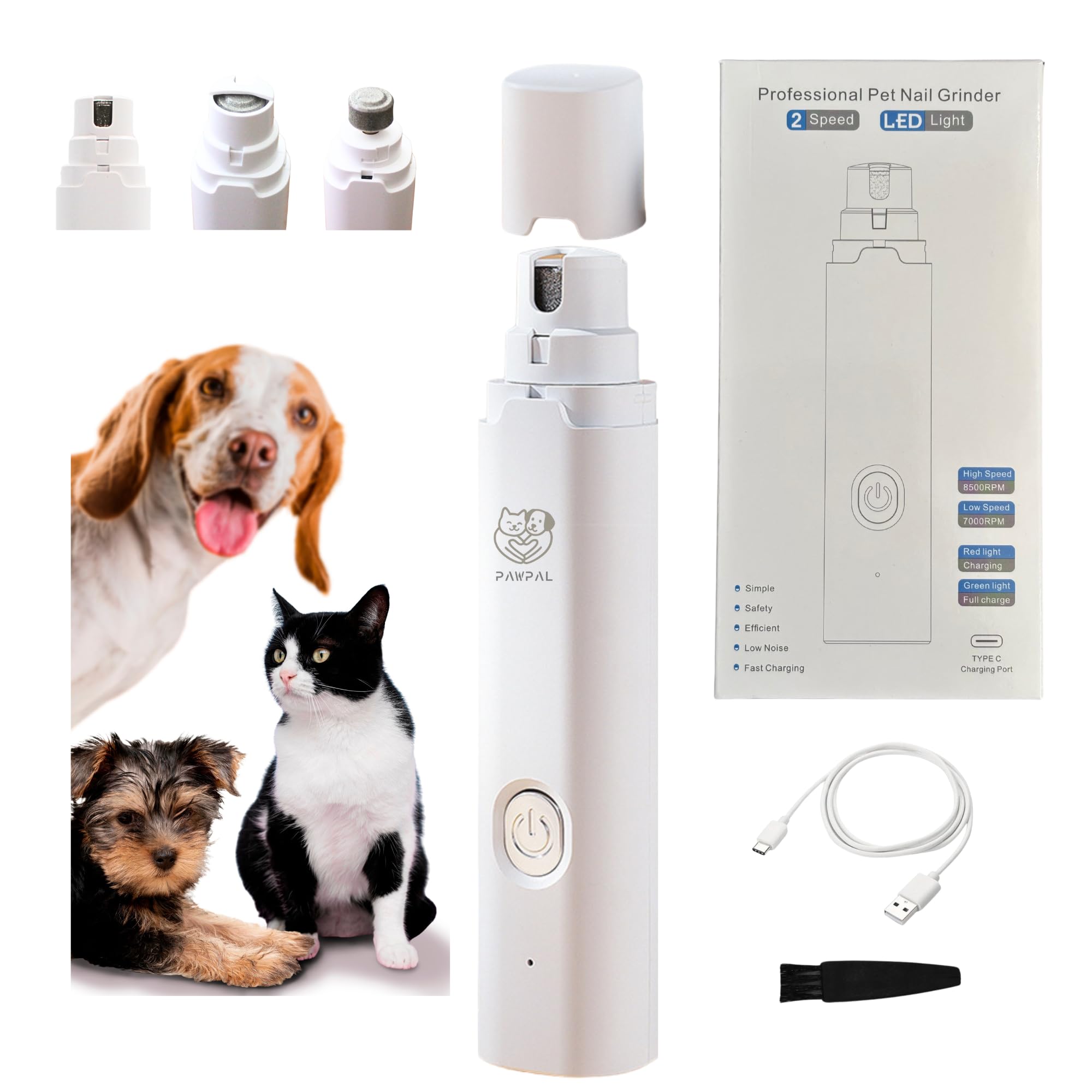 Dog Nail Grinder– Professional 2-Speed Electric Rechargeable Pet Nail Trimmer Painless Paws Grooming & Smoothing for Small Medium Large Dogs and Cats (White)