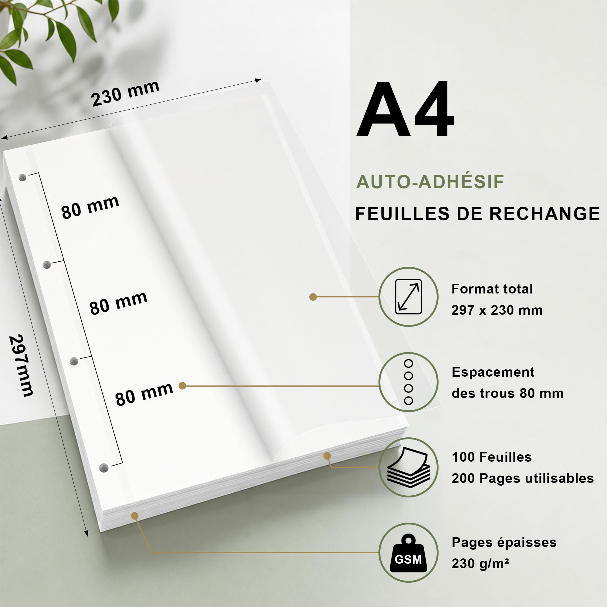 Vienrose Recharges pour Album Photo Adhésif Classeur à 4 Anneaux, 200 Pages
