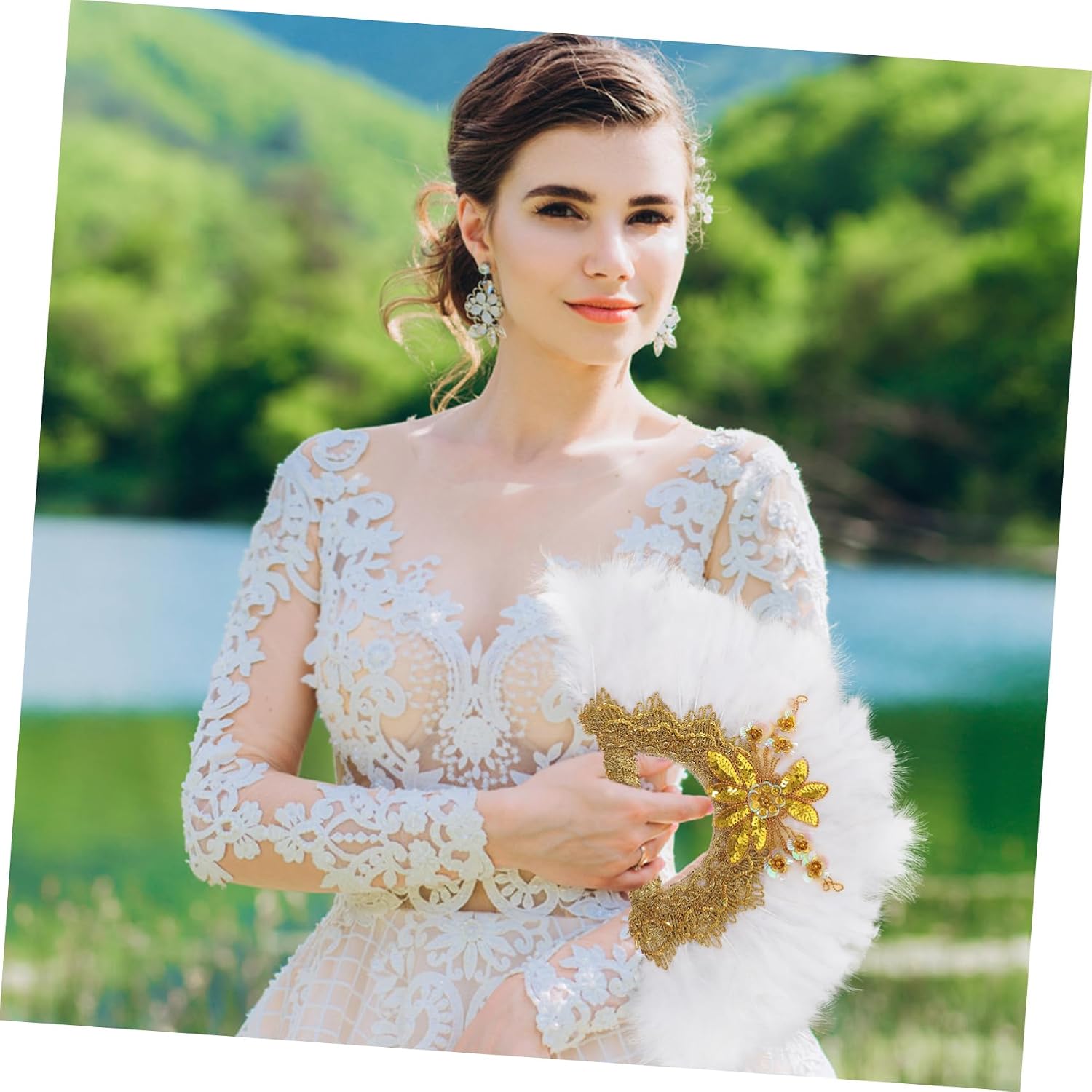 Golden Lace Wedding Fan Hand Fans for Women Plume Prop Bridal Handheld Decorative Lady Performance