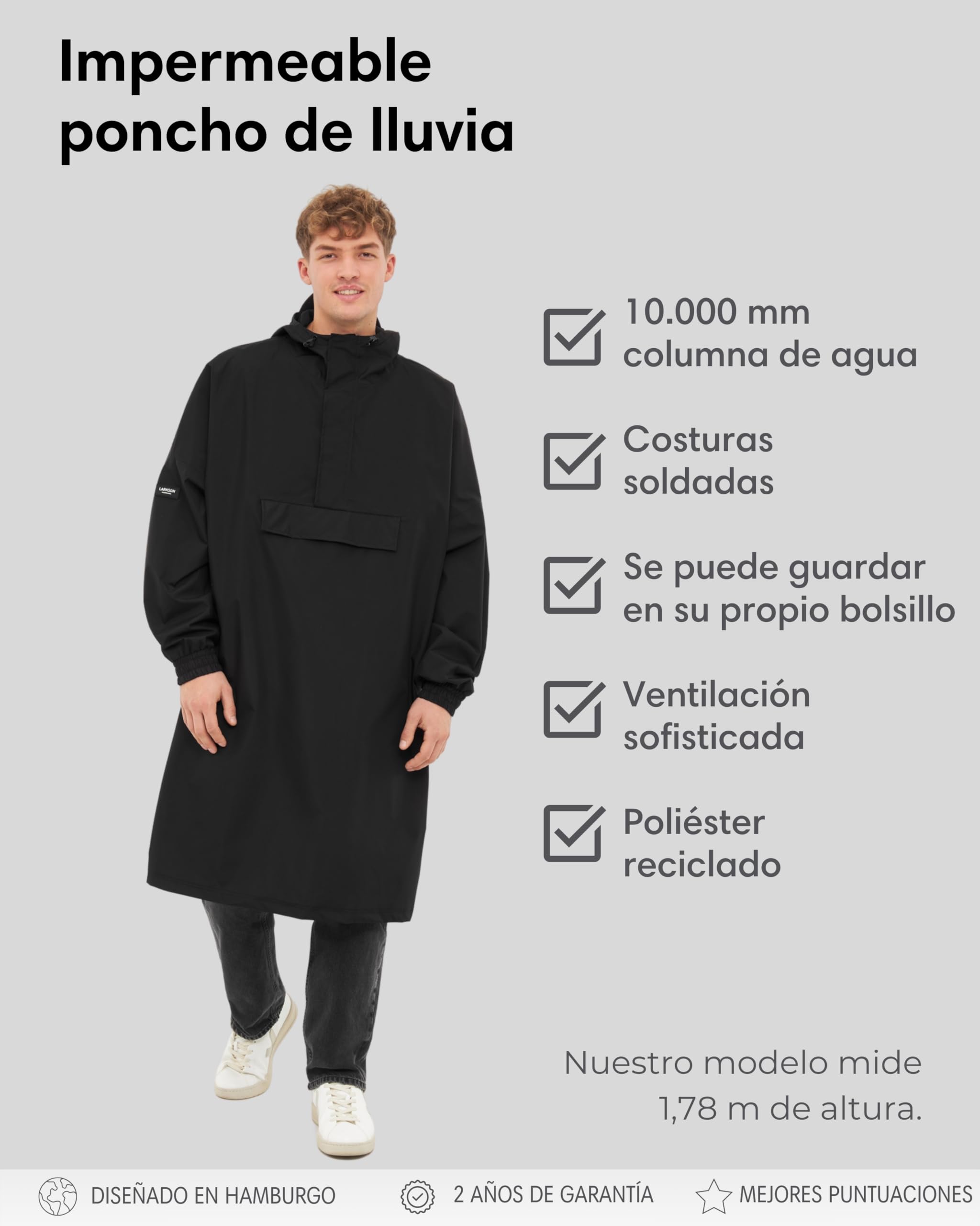 LARKSON Chubasquero Lluvia Mujer Hombre - Lykke - Impermeable Unisex para Ciclismo Outdoor Festival - 10000mm Columna de Agua - Chaqueta de Lluvia con Costuras Selladas