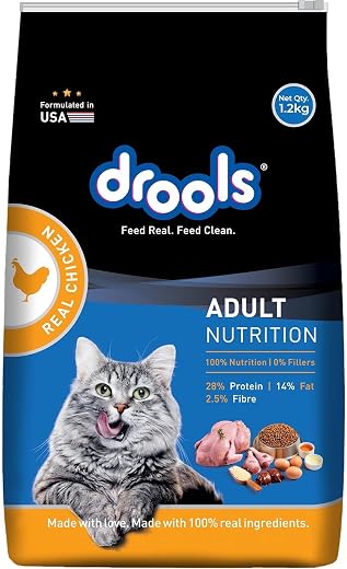 Drools Adult Dry Cat Food 1.2kg Pack | Real Chicken Flavour |Taurine that Helps Maintain a Healthy Heart | Healthy Skin &amp; ...