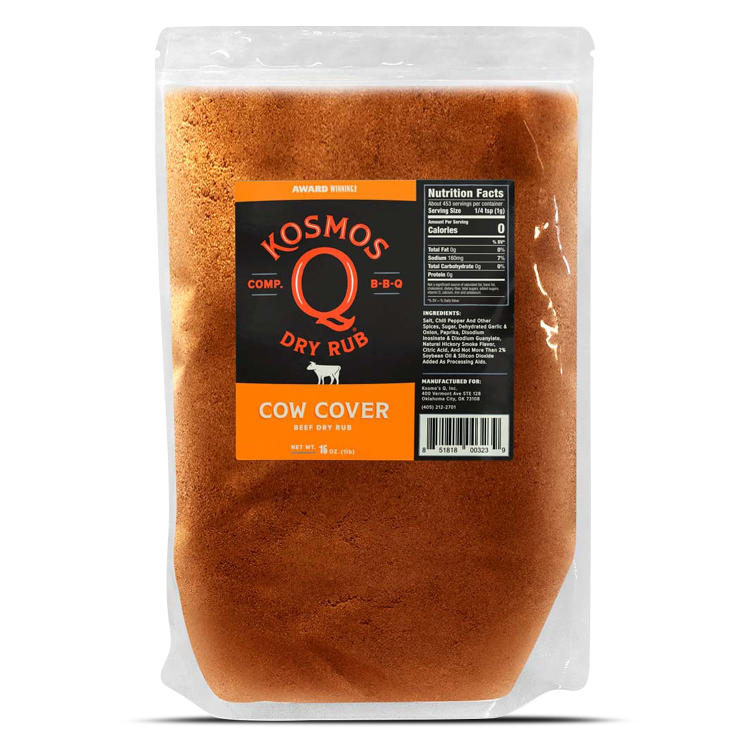 Kosmos Q Cow Cover BBQ Dry Rub, Smoky & Savory Beef Seasoning with Chili Pepper, Garlic, Onion & Paprika for Steak, Burgers, Brisket, Wild Game, Chicken, BBQ Rub for Grilling & Smoking, 16 Oz Bag