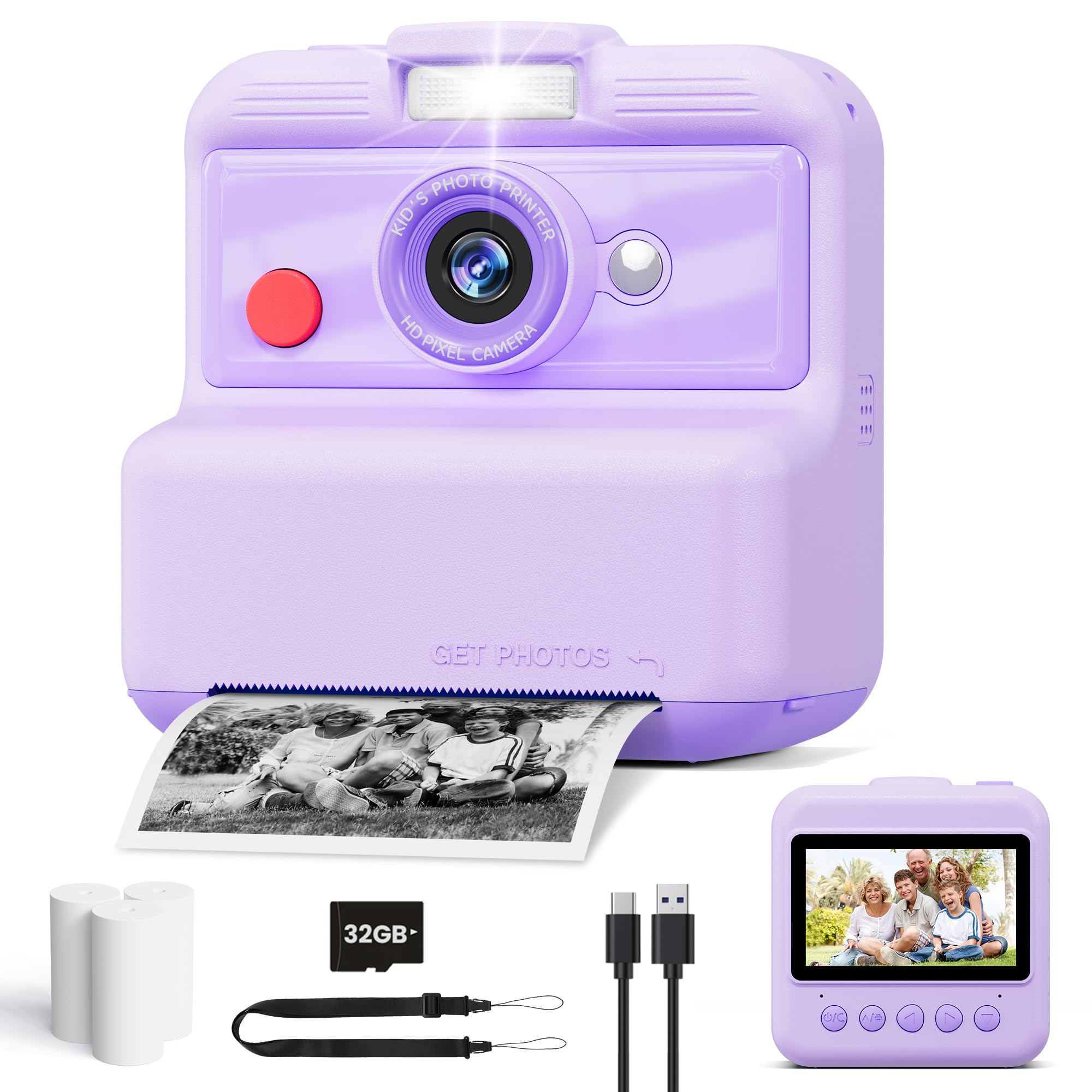 Kids Camera Instant Print, 48MP/2.5K UHD Kids Instant Print Camera, Christmas Birthday Gifts for Girls and Boys, 3.0" Screen with Print Paper & 32G