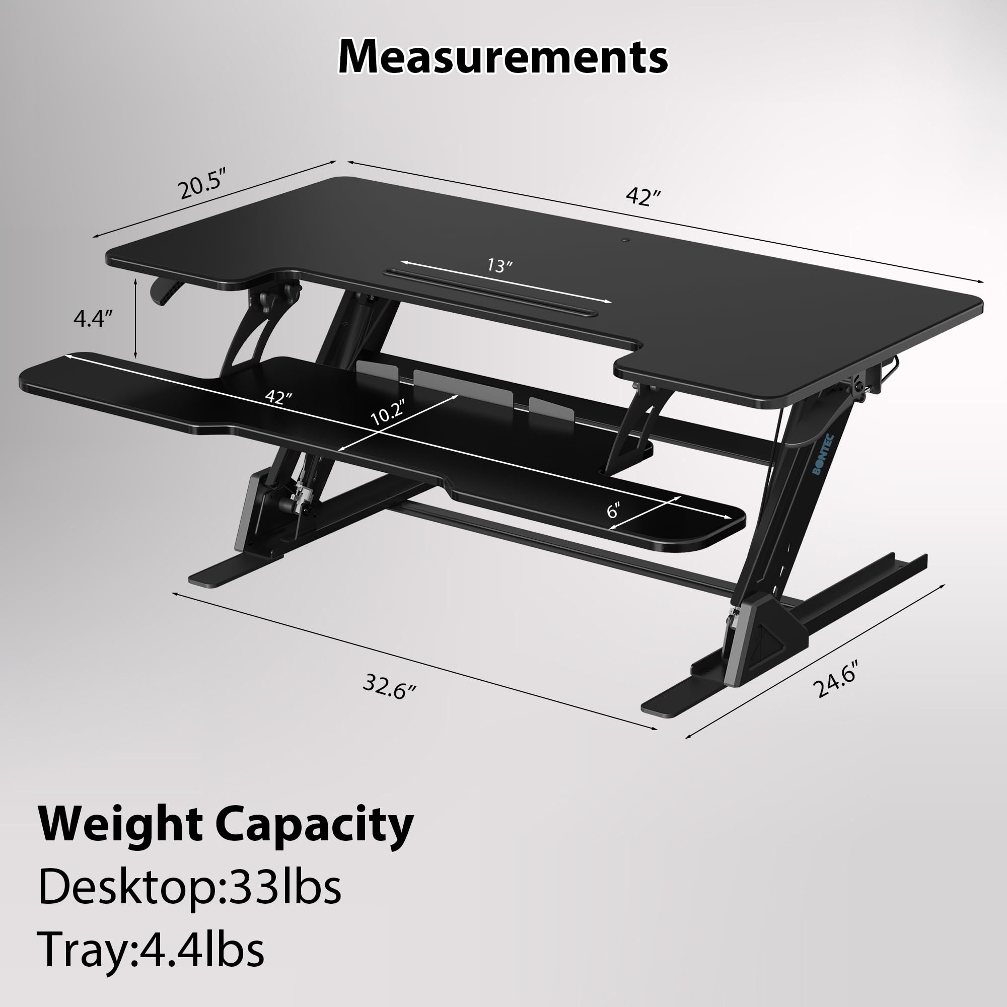 BONTEC Scrivania Regolabile in Altezza, Scrivania Stand-Up con Sistema a Molla Doppia, Riser per Scrivania per Monitor Doppio, 107cm x 52,2cm, Capacità 15kg, Facile da Assemblare, Design Salvaspazio