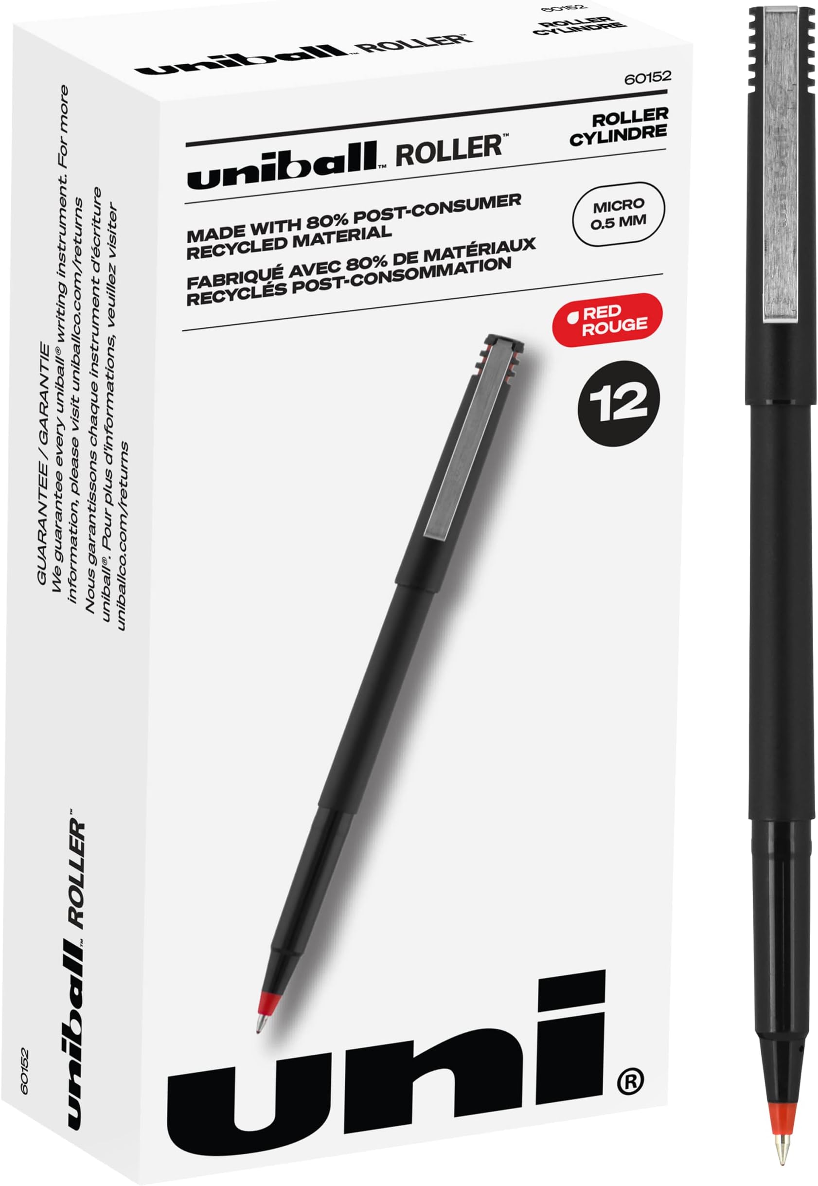 Uni-Ball Roller Stick Pens, Micro Point, Red Ink, 12-Count