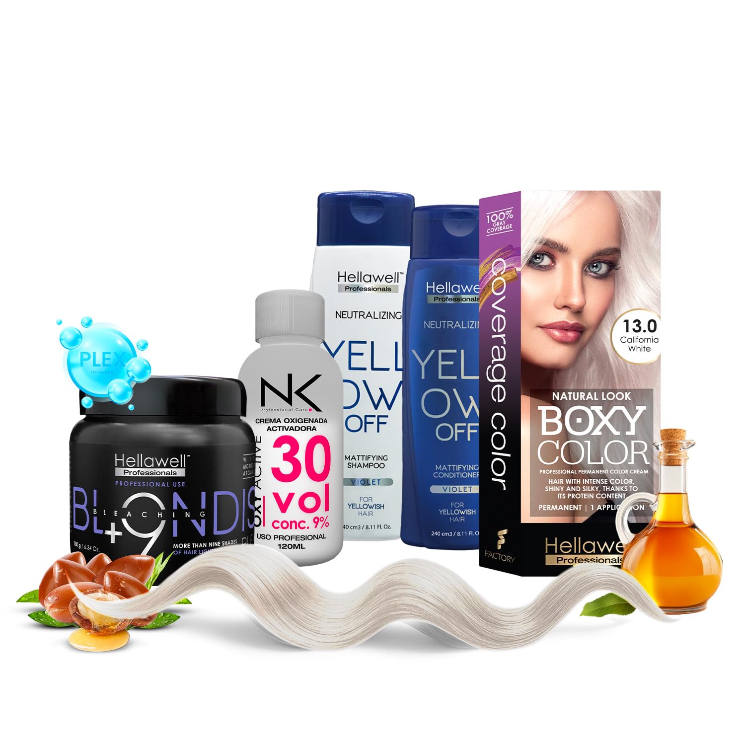 Hellawell & NK Professional Complete Blonde & Color Kit | Bleaching Powder + Developer Cream + Purple Shampoo & Conditioner + Permanent Hair Dye | With Argan Oil, Keratin & Vegetable Protein