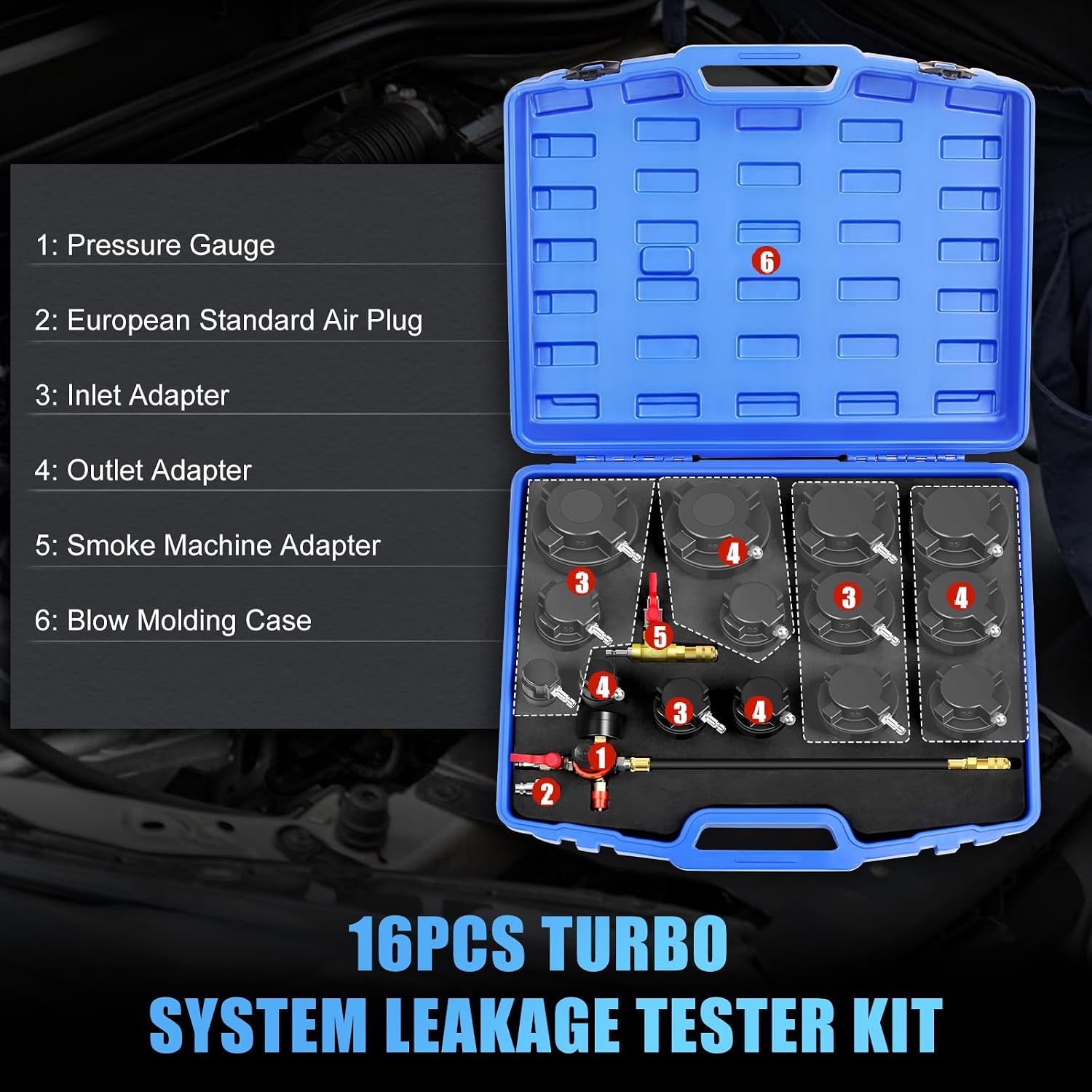 JIFETOR 16Pcs Turbo System Leakage Tester Kit, Universal Turbo Boost Leak Testing for Turbocharger Cooling System Radiator Hose Intercooler with Pressure Gauge and 14 Stepped Adapters 1-1/4" to 4"