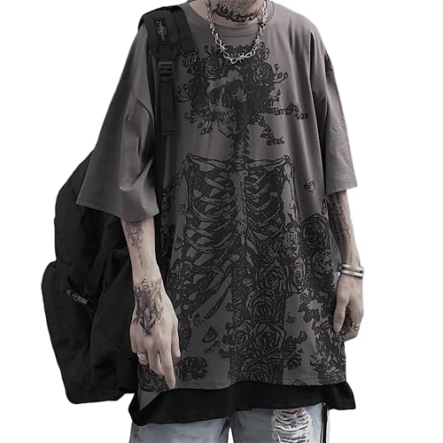 Women Y2K Alt Emo Goth Skeleton Rose Dark Academia Cool Tops, Grunge Men Punk Harajuku Unisex Korean T Shirt Blouse - X-Large - Grey