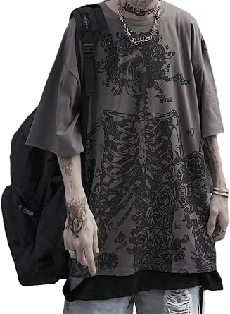 T-shirt Stampa Scheletro Emo Teschio, Maglietta Da Uomo E Donna, Y2K, Scheletro Emo Grunge Oversized Gothic Tee Graphics Streetwear Dark Academia Gothic Tops Vampirecore Dark Techwear Alt Baggy Summer Shirts, Grigio., S - 12