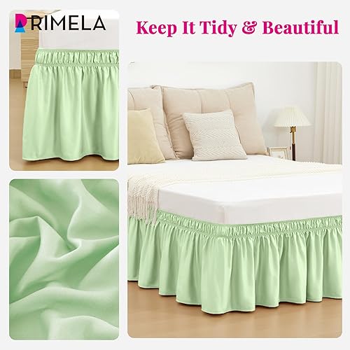 Vista 5 de Falda de cama RIMELA tamaño Queen color verde bebé con caída de 15 pulgadas, falda elástica envolvente, volante que protege contra el polvo