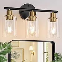 Vista 29 de Accesorios de iluminación de baño de 5 luces, luces de tocador modernas negras con pantalla de vidrio transparente, lámpara de pared de baño