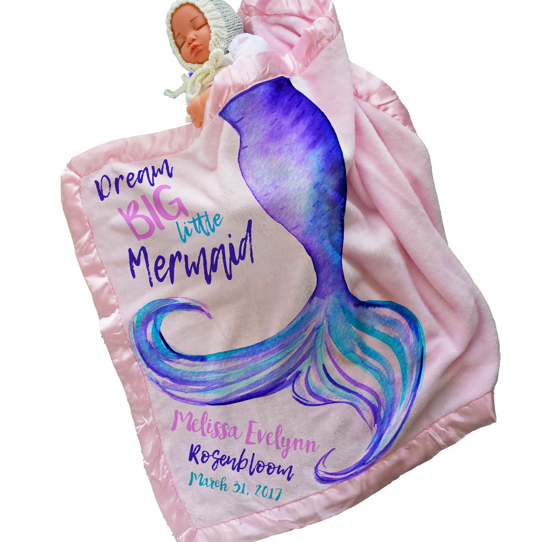 Personalized Mermaid Tail Baby Blanket (30x40, Pink) Satin Trim Baby Bedding for New Baby Room Nursery Newborn
