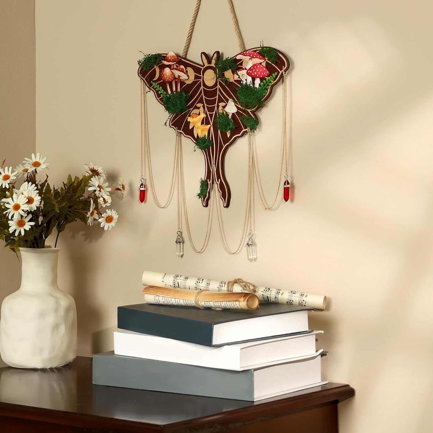 Xylolfsty Luna Moth Wall Hanging - Bohemian Butterfly Decor, Rustic Mushroom Crystal Moss Wooden Sign, Death Moth Art Gothic Witchy Living Room Bedroom Window Decoration