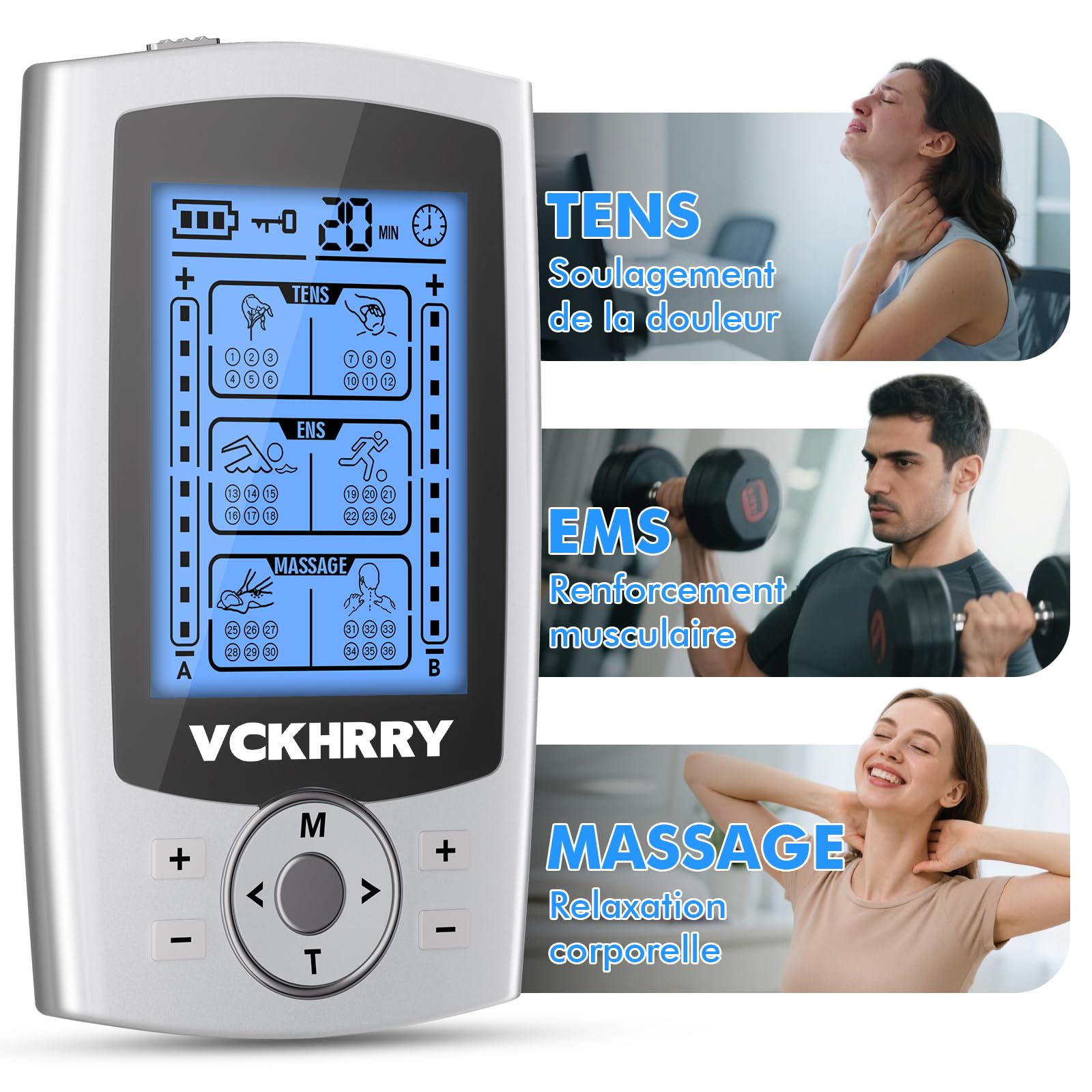 3 EN 1 TENS EMS Électrostimulateur Musculaire pour le soulagement de la douleur, la stimulation musculaire, avec 2 Canaux Indépendant, 36 Programmes de Massage, 10 électrodes
