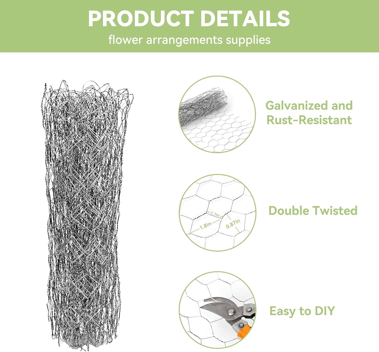 Floral Chicken Wire Flower Arrangement: 39 X 39 Inch Galvanized Chicken Wire Roll Bendable Vase Frog Mesh for Crafts DIY Grid Garden Florist Wedding Arch Holiday Christmas Thanksgiving Decorations