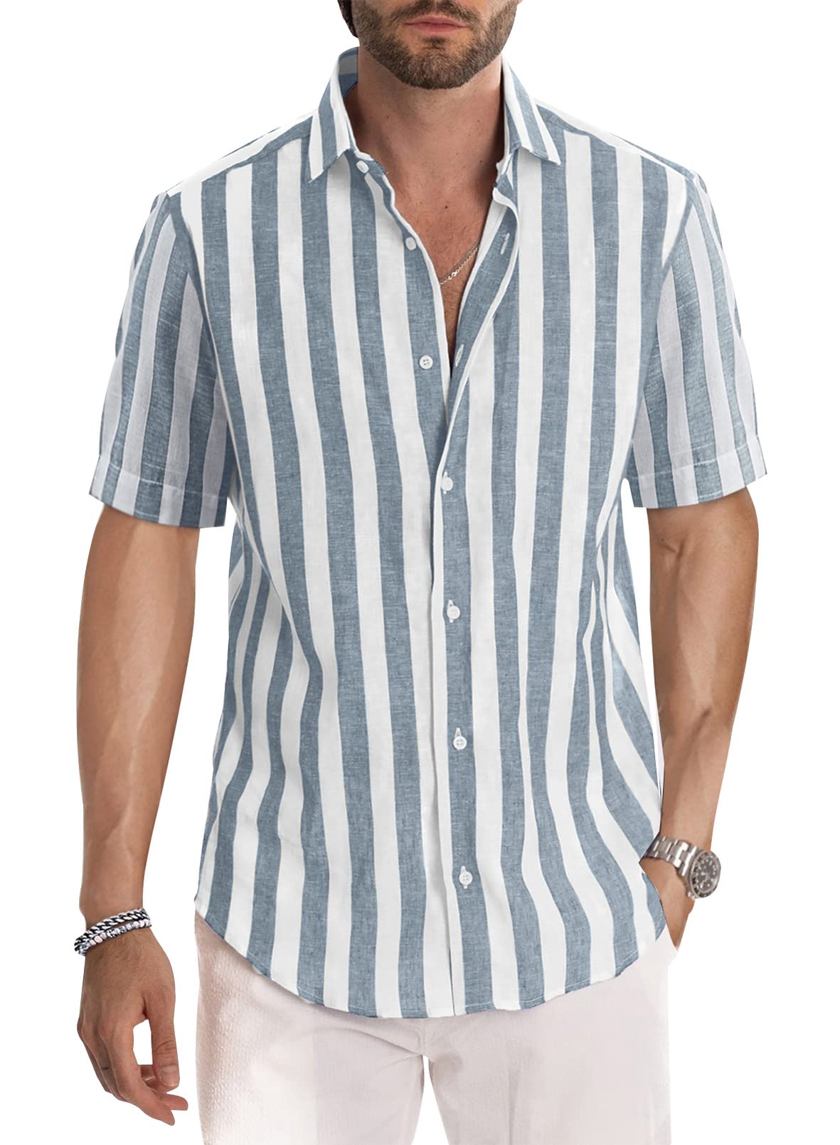 Meilicloth Camisa Rayas Hombre Coton Verano Manga Corta Casual Western con Botones Regular Fit