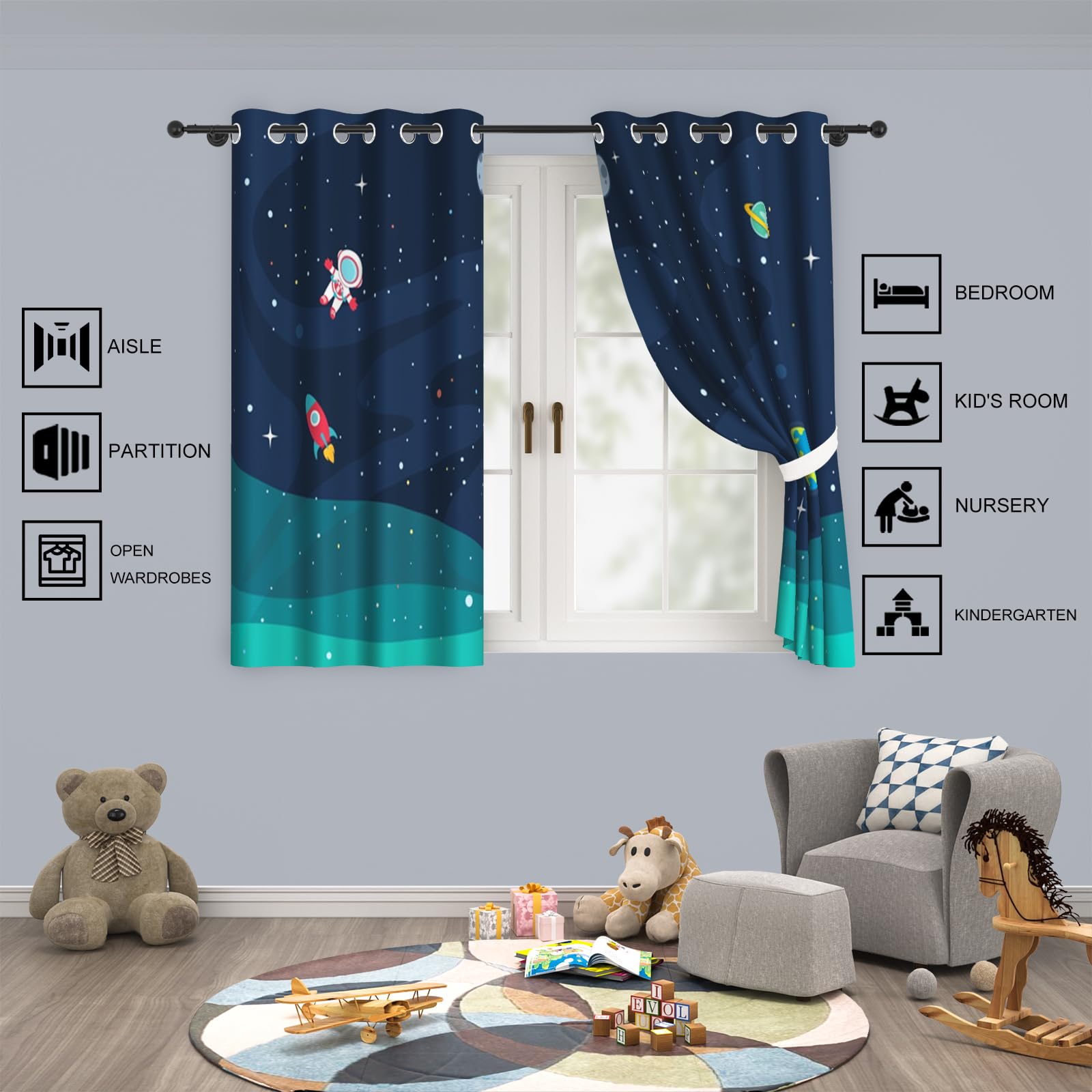 YONGFOTO Vorhang Weltraum Kinderzimmer Universum Galaxie Rakete Planeten Astronaut Weltall Verdunklungsvorhänge Kinderzimmer Junge mit Ösen Marineblau 2 Stück 117 x 183 cm