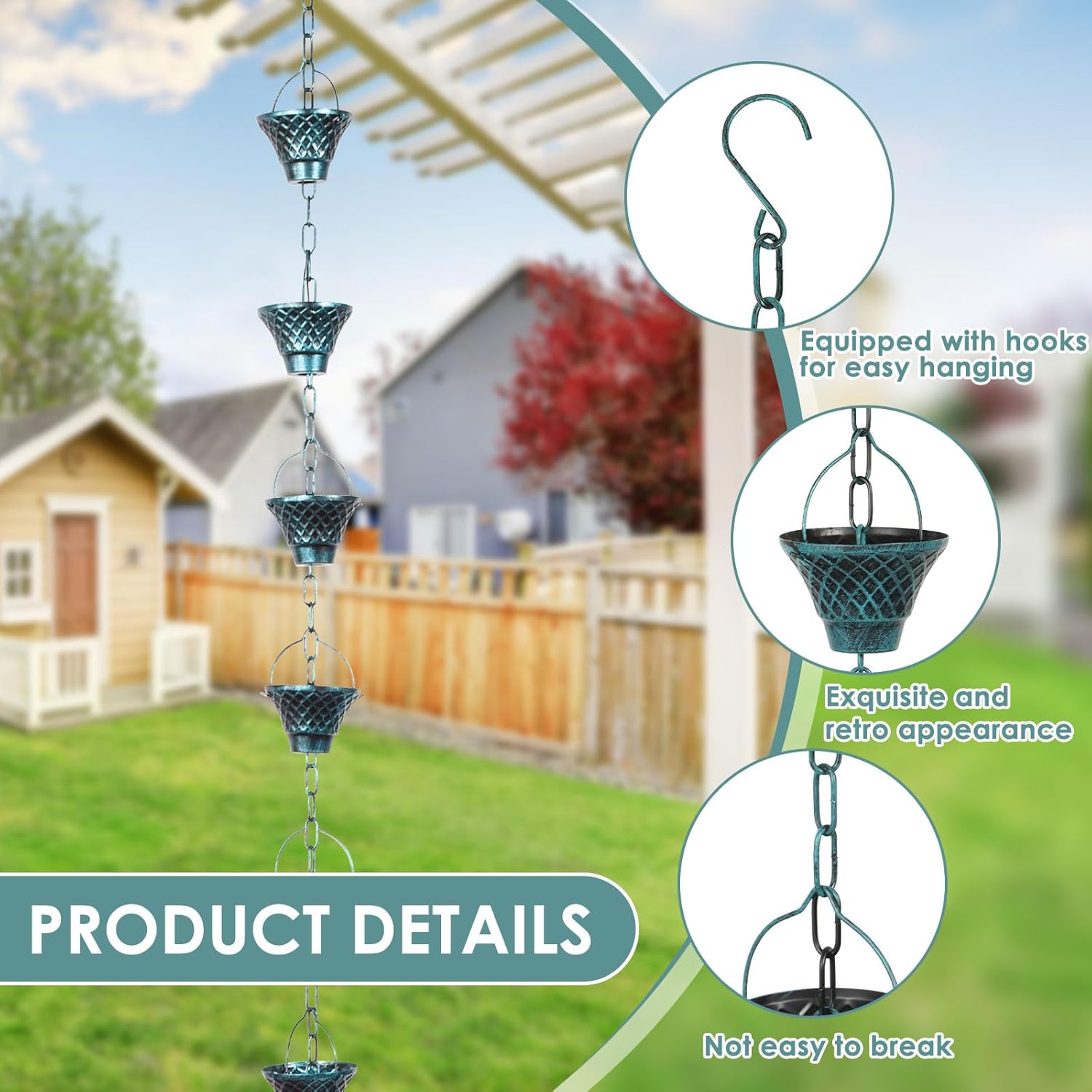 Rain Chains for Gutters, Outside Downspouts Metal Rain Catcher Diverter, 8.5 Ft Retro Rain Chains Decorative with Hook and 12 Metal Cups for Windowsill Garden Patio
