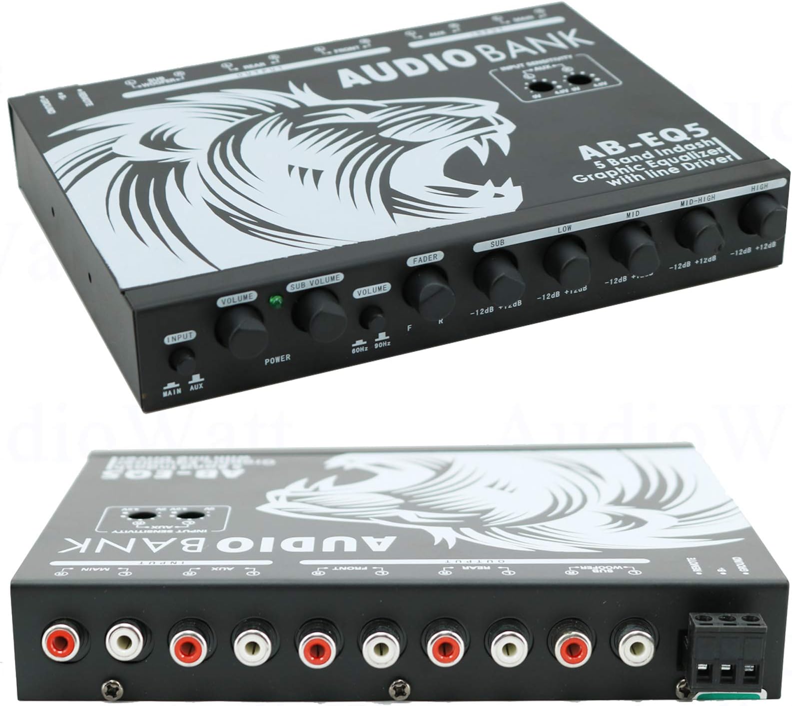 Audiobank 5 Band in-Dash Stereo Graphic Equalizer with Line Driver with Three Stereo RCA Outputs/Frequency Response: 10Hz to 50000Hz 1dB / Maximum Output Voltage AB-EQ05