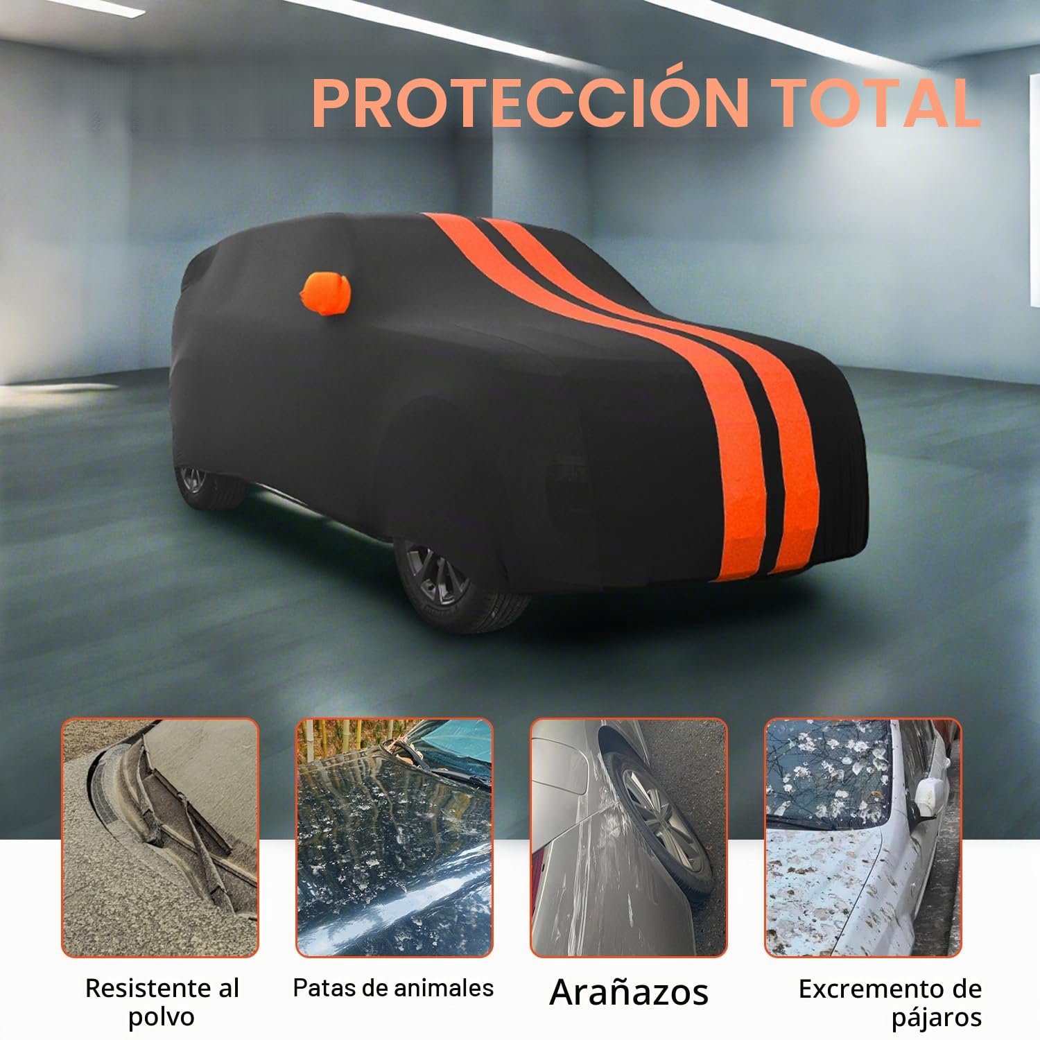 TECTICO Funda Coche Interior Completa SUV 4,75-5,1m Elástica Transpirable Stretch y Suave Antipolvo Protectora Universal, Ideal para Garaje, Subterráneo y Exhibición, Negro+Naranja