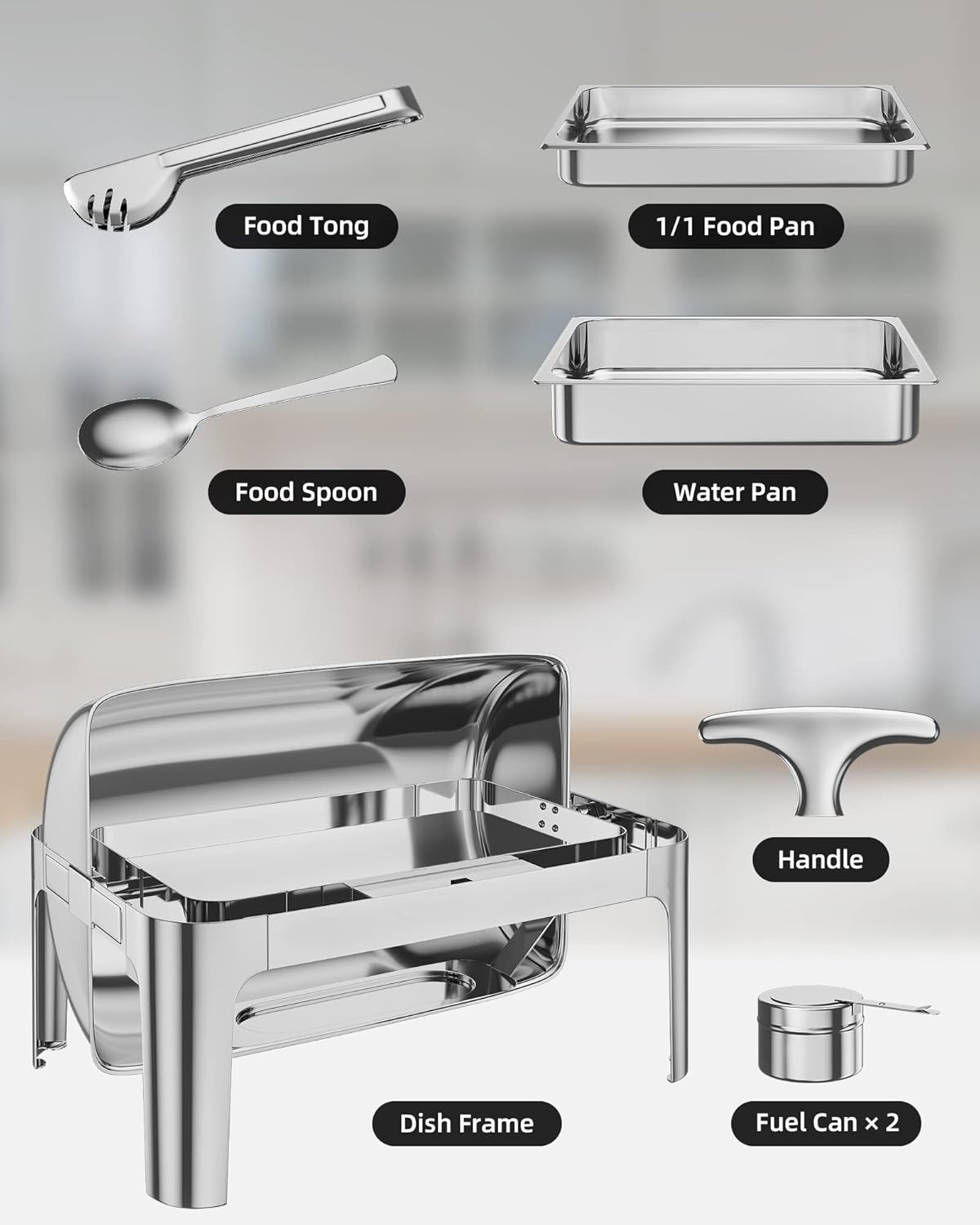 GarveeHome 9 QT Roll Top Chafing Dish Buffet Set, Food-Grade Stainless Steel Commercial Chafer for Catering, Parties, and Weddings, [1 Full Size Pan] Included