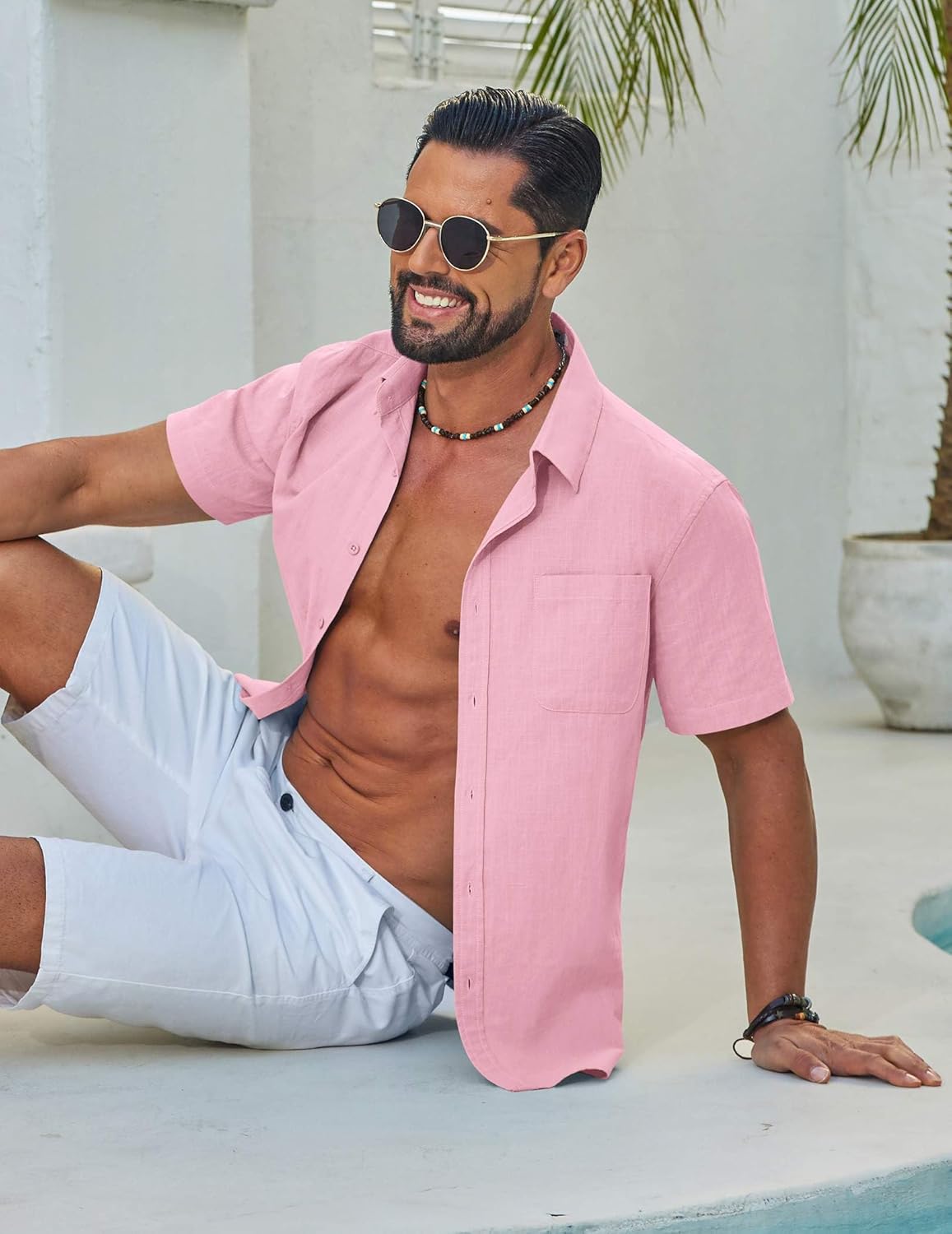 COOFANDY Mens Button Down Shirt Short Sleeve Casual Stylish Cotton Shirts Linen Textured Summer Beach Wedding Shirt - Image 3