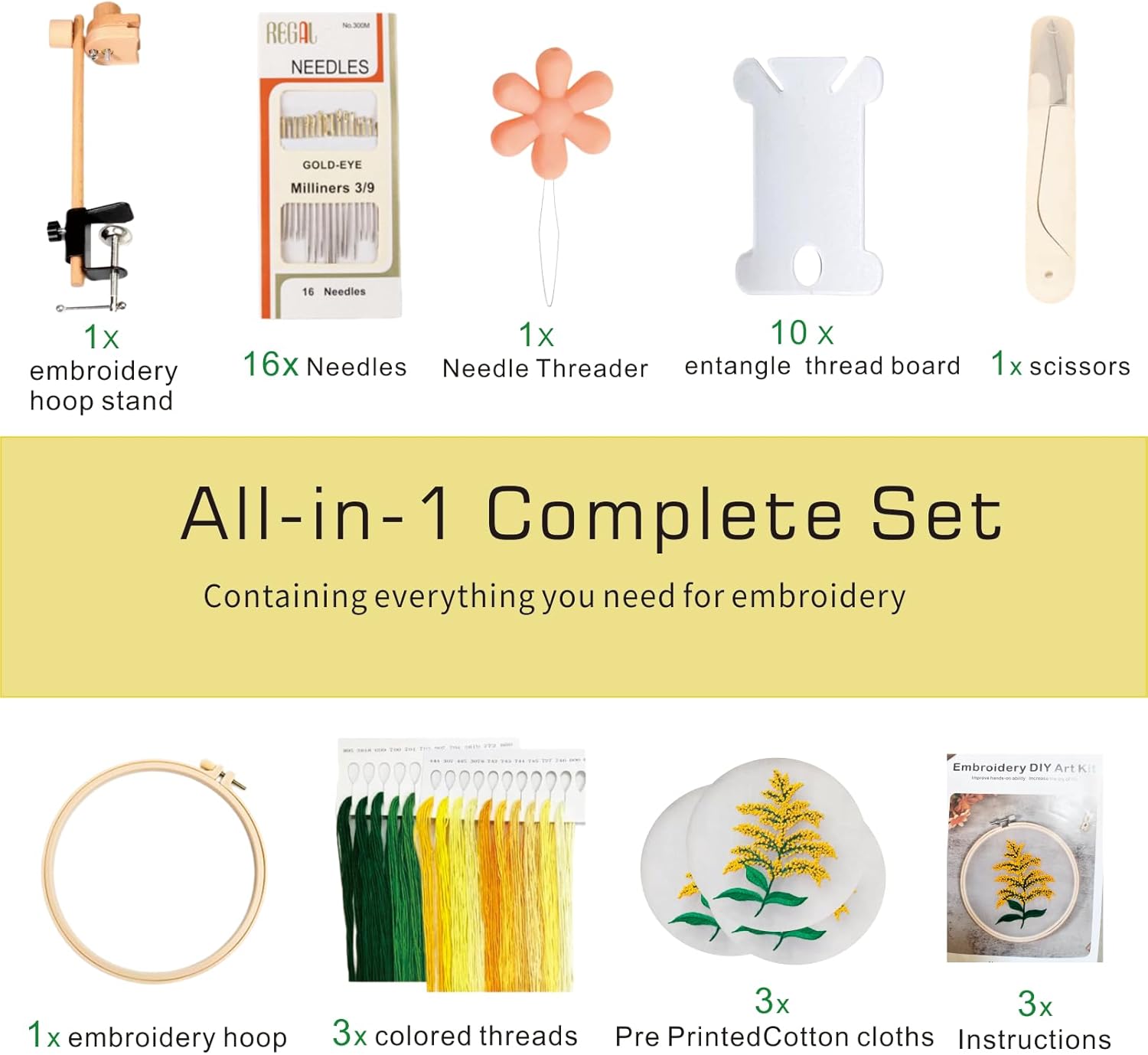 Wooden Adjustable Rotatable Embroidery Hoop Stand, No Assembly Cross Stitch Lap Stand Holder, Table Edge Clamp Embroidery Frame Stand with Floral Embroidery Starter Kit for Adult Beginners