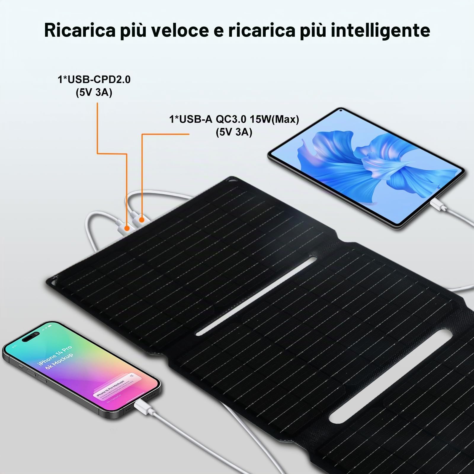 Pannello solare pieghevole da 30W, caricatore solare IP65 impermeabile e antipolvere, Caricabatterie solare pieghevole con ricarica rapida 18W USB-C & USB-A QC3.0,compatibile con smartphone, tablet