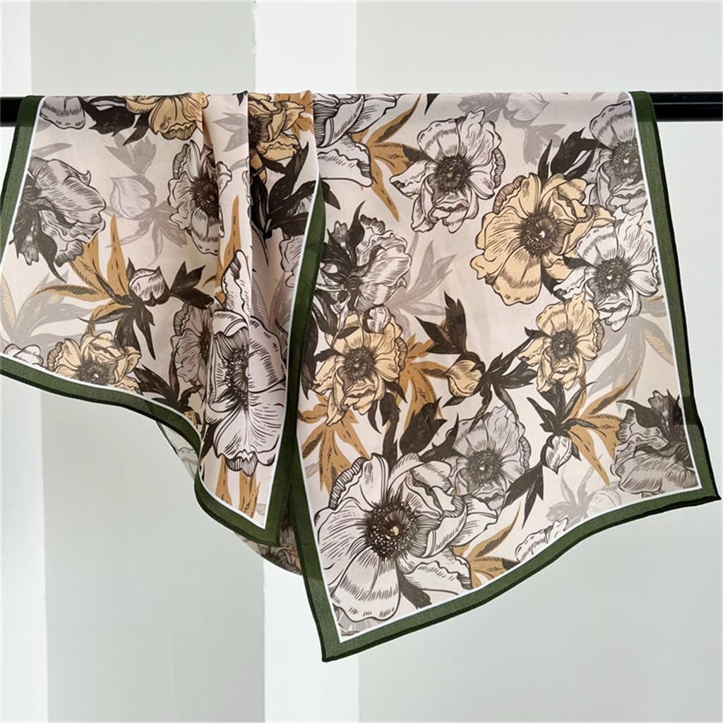 Soie Crêpe De Chine Floral Vert Foncé Bord Écharpes for Femmes Écharpes Longues Polyvalentes Petites Écharpes Longues