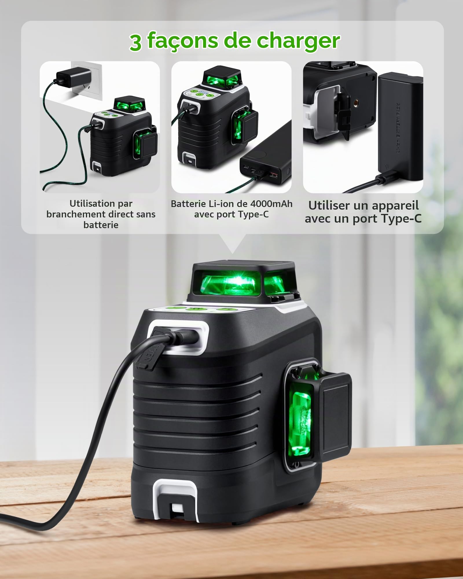 Firecore Niveau Laser 360 Autonivelant ​​avec Trépied 150cm,Niveau Laser Vert 12 lignes avec 2 Batteries lithium-ion et en charge USB, lazer niveaux bricolage avec Télécommande et étui de transport