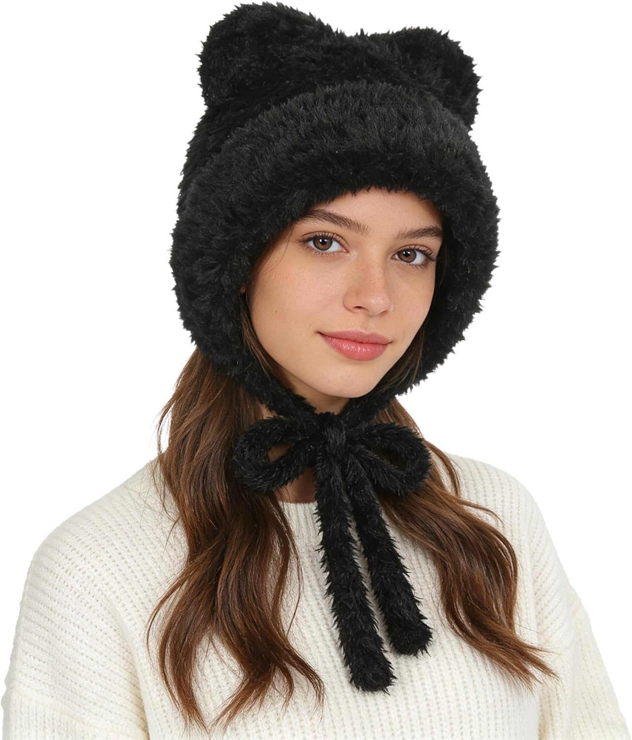 PENINSULA LOVE Winter Bear Ears Beanie Hat for Women Faux Fur Trapper Hat Sherpa Ear Flaps Peruvian Cap Fuzzy Warm Snow Cap - Image 6